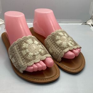 Haute Hippie Style Crochet Knit Slide Sandals Beige Tan Women’s Sz 9M Boho Flats
